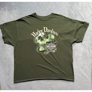 Harley Davidson Size 2XL Cotton Graphic T-Shirt Green Skull Shamrock Luck